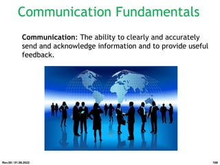 Communication: The ability to clearly and accurately
send and acknowledge information and to provide useful
feedback.
Rev.00 / 01.08.2022
Communication Fundamentals
168
 