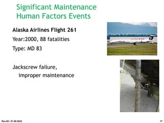 Alaska Airlines Flight 261
Year:2000, 88 fatalities
Type: MD 83
Jackscrew failure,
improper maintenance
Rev.00 / 01.08.2022
Significant Maintenance
Human Factors Events
17
 