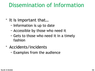 • It is important that…
− Information is up to date
− Accessible by those who need it
− Gets to those who need it in a timely
fashion
• Accidents/incidents
− Examples from the audience
Rev.00 / 01.08.2022
Dissemination of Information
183
 