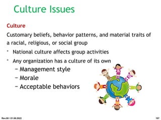 Culture Issues
Culture
Customary beliefs, behavior patterns, and material traits of
a racial, religious, or social group
• National culture affects group activities
• Any organization has a culture of its own
− Management style
− Morale
− Acceptable behaviors
Rev.00 / 01.08.2022 197
 