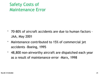 Safety Costs of
Maintenance Error
• 70-80% of aircraft accidents are due to human factors –
JAA, May 2001
• Maintenance contributed to 15% of commercial jet
accidents –Boeing, 1995
• 48,800 non-airworthy aircraft are dispatched each year
as a result of maintenance error –Marx, 1998
Rev.00 / 01.08.2022 21
 