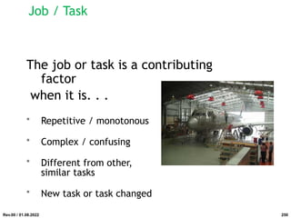 Job / Task
The job or task is a contributing
factor
when it is. . .
• Repetitive / monotonous
• Complex / confusing
• Different from other,
similar tasks
• New task or task changed
Rev.00 / 01.08.2022 250
 