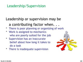 Leadership/Supervision
Leadership or supervision may be
a contributing factor when. . .
 There is poor planning or organizing of work
 Work is assigned to mechanics
who are poorly suited for the job
 Supervision has an inaccurate
belief about how long it takes to
do a task
 There is inadequate supervision
Rev.00 / 01.08.2022 255
 