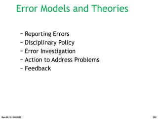 Error Models and Theories
− Reporting Errors
− Disciplinary Policy
− Error Investigation
− Action to Address Problems
− Feedback
Rev.00 / 01.08.2022 292
 