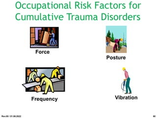Occupational Risk Factors for
Cumulative Trauma Disorders
Force
Frequency Vibration
Posture
Rev.00 / 01.08.2022 80
 