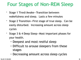 Four Stages of Non-REM Sleep
• Stage 1 Tired/Awake—Transition between
wakefulness and sleep. Lasts a few minutes
• Stage 2 Transition—First stage of true sleep. Can be
easily disturbed. Increasing amount across sleep
cycles
• Stage 3 & 4 Deep Sleep—Most important phases for
your health.
− Deepest and most restful sleep
− Difficult to arouse sleepers from these
stages
− Decreasing amount across sleep cycles
Rev.00 / 01.08.2022 88
 