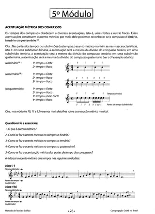 F
15° Módulol 

ACENTUAÇÃO MÉTRICA DOS COMPASSOS
Os tempos dos compassos obedecem a diversas acentuações, isto é, umas fortes e outras fracas. Essas
acentuações constituem o acento métrico; por meio dele podemos reconhecer se o compasso é binário,
ternário ou quaternário (2).
Obs.:Naspartesdostemposousubdivisõesdostempos,oacentométricomantém as mesmascaracterísticas,
isto é: em uma subdivisão binária, a acentuação será a mesma da divisão do compasso binário; em uma
subdivisão ternária, a acentuação será a mesma da divisão do compasso ternário; em uma subdivisão
quaternária, a acentuação será a mesma da divisão do compasso quaternário (ver o 3° exemplo abaixo):
No binário (2) : 	 1°tempo = Forte F f F f
2° tempo =fraco
r r rNo ternário (2) : 	 1°tempo =Forte
2° tempo = fraco F f f F f f
3° tempo =fraco
'Ir rr IrrrNo quaternário: 	 1°tempo = Forte
2° tempo = fraco f rnF f Tempos (divisão)
3° tempo = meio Forte 

4° tempo =fraco 
 rrrrrrrrrf F f F frnFf Partes de tempo (subdivisão)
Obs.: nos módulos 10, 17e 12 veremos mais detalhes sobre acentuação métrica musical.
Questionário e exercícios: 

1- Oque éacento métrico? 

2- Como se faz o acento métrico no compasso binário? 

3- Como se faz o acento métrico no compasso ternário? 

4- Como se faz o acento métrico no compasso quaternário? 

5- Como se faz a acentuação métrica das partes de tempo dos compassos? 

6- Marcar oacento métrico dos tempos nas seguintes melodias: 

Hino 11
Tempos (divisão) ~
,~k&~i JJW jlJ j InJJI..
Partes de tempo ~
(subdivisão)
,
Partes de tempo ..
(subdivisão)
Método de Teoria e Solfejo 	 Congregação Cristã no Brasil
 