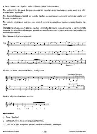 A forma de executar a ligadura varia conforme o grupo do instrumento
Nos instrumentos de sopro (bem como no canto) executam-se as ligaduras em único sopro, sem inter­
romper para a respiração.
Nos de arco todas as notas sob (ou sobre) a ligadura são executadas no mesmo sentido da arcada, sem
levantar ou parar o arco.
Nos teclados não se pode levantar a mão antes de terminar a execução de todas as notas contidas na liga­
dura.
Atenção: No solfejo, quando ocorre a ligadura entre notas do mesmo nome, pronuncia-se a primeira nota,
sustentando-a também pelo valor da segunda, como se fossem uma nota apenas, mesmo que estejam em
compassos diferentes.
Obs.: Não existe ligadura de pausas!
59.'e r IrtJjJ Ir~ 3r F
•
I
r.'
* II
No hino 370 temos exemplos de dois tipos de ligadura:
Ligadura de valor
L .. Notas iguais
I ~ P J J1 PJJ I r? ~r· IIr
Observe a ligadura de valor no hino 426:
,~k&~ I I J _J J J J•
I
--­
4 e 1 e 2 e 3 e 4 e
Questionário
1- O que é ligadura?
2 - Defina as funções das ligaduras que você conhece.
3 - Quais são os tipos de ligadura que você encontra no hinário? Dê exemplos.
Método de Teoria e Solfejo Congregação Cristã no Brasil
 