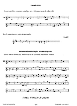 Exemplo misto
* Comparar o último compasso desta lição com o último compasso da lição nO. 56.
58. e I I Jl J I J.. ~ ~. I
['
J. J ••
l
JC1] ~ r~ * *
~..
~ C" ~ ~-----~ c::r I
~ F" ~ I r- F I t:I ~.
j .F
1":
II
*
Obs.: As pausas também podem ser pontuadas:
Hino 284
Exemplos de pontos simples, dobrado e ligadura.
*Mostrar que, em alguns casos, a ligadura pode ser substituída por ponto de aumento.
60. 'er- r Ir J * Ir r Ir J t ICO UO ~ IF" ~ r * '
oo, CW ~I r J * Iro Cf' Ir-cr U Ir-H U Ir-CF rI !
~ rtrcrlJ Cri} (rIr Um C!IF" ~r ~IGI ta
o
~ r J IF" Jf!lilr - IJ r Jr Ir r r )11 J3 31 i
~ EmEr J t IJ G:mr Ir ã r nIj.o Aloo ;Jllj ':'
SOLFEJAR osHINOS: 401, 418, 426, 446 

Método de Teoria e Solfejo Congregação Cristã no Brasil
II
 