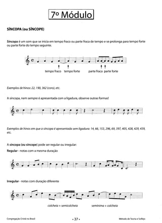 SíNCOPA (ou SíNCOPE)
Síncopa é um som que se inicia em tempo fraco ou parte fraca de tempo e se prolonga para tempo forte
ou parte forte do tempo seguinte.
e J J J j 1/
J J j J 1 j J~J JJJJJ 1
* '­
t t t t
tempo fraco tempo forte parte fraca parte forte
Exemplos de hinos: 22, 790,362 (coro), etc.
A síncopa, nem sempre é apresentada com a ligadura, observe outras formas!
I,e
F r F 1
v F • •
v 1
r 1
vr v vr v 1
I I
* *
Exemplos de hinos em que a síncopa é apresentada sem ligadura: 14, 66, 753, 296, 69, 397, 405, 428, 429, 439,
etc.
A síncopa (ou síncope) pode ser regular ou irregular:
Regular - notas com a mesma duração
*e J j 15 r Ir r r r Ir'
Irregular - notas com duração diferente
colcheia +semicolcheia semínima +colcheia
Congregação Cristã no Brasil Método de Teoria e Solfejo
 