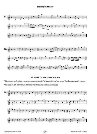 Exercícios Mistos
62.**' J. Jl:J. ~ Ir- rn f * Ir f r ~ Ir· ~ ~ *
~ r r r rcr UILEr aIr * - 1* J fir r r
~. 1':'
, r r par rft j * I* ;J r Ir r rITr r nIr r H
63. , e r *r s Ir '~r *Is J *r IC:fUr li*r $ r Irr rr I
*'JlaH ~Ir r p 1* r rItErIr Jlr- Jlllfur ~ll
- l ' ~,. 1':'
! r Jlr liLr ~ IrF[jIp Jlr ,JlIF arClIr· Jlr- ~ I" II

SOLFEJAR os HINOS: 408, 428, 429
*Mostrar como ficaria se cantássemos acentuando: "Vi-vo por Cris-to"ou ainda "Ce-do eu ve-nho" eoutros.
*Na lição n°. 64: estabelecer diferença nos finais dos últimos compassos.
64. ~ e *r *r 1$ J r ~ I*r (ITf r ~ 7 *I*r *r I* r r· ~ i
, ~'r J Ir ~ j *I*r r11- r (Ir r JIj. ~r *I*r (I
Congregação Cristã no Brasil Método de Teoria e Solfejo
• 39·
 