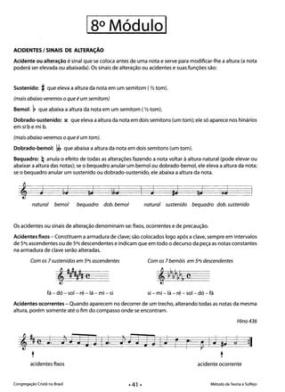 Iso Módulol 

ACIDENTES I SINAIS DE ALTERAÇÃO
Acidente ou alteração é sinal que se coloca antes de uma nota e serve para modificar-lhe a altura (a nota
poderá ser elevada ou abaixada). Os sinais de alteração ou acidentes e suas funções são:
Sustenido: #que eleva a altura da nota em um semitom ( Y2 tom). 

(mais abaixo veremos o que é um semitom) 

Bemol: ~ que abaixa a altura da nota em um semitom ( Y2 tom). 

Dobrado-sustenido: x que eleva a altura da nota em dois semitons (um tom); ele só aparece nos hinários 

emsi be mi b. 

(mais abaixo veremos o que é um tom). 

Dobrado-bemol: f,f, que abaixa a altura da nota em dois semitons (um tom). 

Bequadro: qanula o efeito de todas as alterações fazendo a nota voltar à altura natural (pode elevar ou 

abaixar a altura das notas); se o bequadro anular um bemol ou dobrado-bemot ele eleva a altura da nota;
se o bequadro anular um sustenido ou dobrado-sustenido, ele abaixa a altura da nota.
, J ~J §J ~J J ,J §J ,J

natural bemol bequadro dob.bemol natural sustenido bequadro dob. sustenido
Os acidentes ou sinais de alteração denominam-se: fixos, ocorrentes e de precaução.
Acidentes fixos - Constituem a armadura de clave; são colocados logo após a clave, sempre em intervalos
de sas ascendentes ou de sas descendentes e indicam que em todo o decurso da peça as notas constantes
na armadura de clave serão alteradas.
Com os 7 sustenidos em 50s ascendentes Com os 7 bemóis em 50s descendentes
fá - dó - sol - ré - lá - mi - si si - mi -lá - ré - sol- dó - fá
Acidentes ocorrentes - Quando aparecem no decorrer de um trecho, alterando todas as notas da mesma
altura, porém somente até o fim do compasso onde se encontram.
Hino 436
J1JJJJIJ. :11
t t
acidentes fixos acidente ocorrente
Congregação Cristã no Brasil Método de Teoria e Solfejo
 