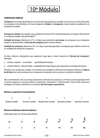 11 0° Módulo I 

COMPASSOS SIMPLES
Compasso é um conjunto de figuras musicais de duração igualou variável; como vimos no início do estudo,
os compassos são divididos em duas categorias: Simples e Compostos (neste módulo estudaremos os
compassos simples).
Compassos simples são aqueles cuja unidade de tempo (UT) é representada por uma figura divisível por
2, ou figuras simples, não pontuadas (21.
Unidade de tempo (abrevia-se U.T.) é a figura que preenche um tempo no compasso; nos compassos
simples é representada na fórmula de compasso pelo número inferior.
Unidade de compasso (abrevia-se U.c.) é a figura que abrange todo o compasso; para obtê-Ia somam-se
as unidades de tempo do compasso.
Os dois números sobrepostos que aparecem logo após a clave chamam-se "fórmula de compasso':
Exemplo:
2 número superior - numerador - quantidade de tempos.
4 número inferior - denominador - qualidade de tempo (figura que representa a unidade de tempo).
Portanto, nos compassos simples, os números que compõem a fórmula de compasso indicam as figuras
da divisão (isso não acontecerá nos compassos compostos, como veremos no próximo módulo)~
Obs.: normalmente, não se usa traço separando as fórmulas de compasso; a 3° linha serve de separação entre
o número superior e o número inferior; as expressões "numerador" e "denominador" estão sendo usadas por
analogia com fração matemática, no entanto, não são frações matemáticas.
Números superiores (numeradores)
2 3 4 5 7
Binário simples Ternário simples Quaternário simples Quinário simples Setenário simples
Números Inferiores (denominadores)
Cada figura tem um número equivalente:
o
1 2 4 8 16 32 64
Congregação Cristã no Brasil Método de Teoria e Solfejo
• 55·
 