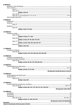 8° MÓDULO 

Acidentes I sinais de alteração ...........................................................................................................................................................................41 

Tom e semitom .........................................................................................................................................................................................................42 

Bona: 5 ....................................................................................................................................................................................................45 

Bona: 46, 47...........................................................................................................................................................................................46 

Solfejar o hino 93 ..........................................................................................................................................................46 

Bona: 48, 49 ...........................................................................................................................................................................................46 

Bona: 50, 51, 52, 67, 68, 69, 70, 71,72,73, 74 ...................................................................................................................47 e 48 

Exercícios para clave de fá .........................................................................................................................................................'........................... 49 

gOMÓDULO
Andamento................................................................................................................................................................................................................50 

Dinâmica .....................................................................................................................................................................................................................51 

Bona: 75 ...............................................................................................................................................................................................52 

Quiálteras ...................................................................................................................................................................................................................52 

Bona: 76 ...............................................................................................................................................................................................54 

Solfejar o hino 212 e422............................................................................................................................................ 54 

10° MÓDULO
Compassos simples ...............................................................................................................................................................................................55 

Bona: 79, 80 ...........................................................................................................................................................................................63 

Solfejar os hinos 411 e 424........................................................................................................................................ 63 

Bona: 83, 84 ...........................................................................................................................................................................................64 

Solfejar os hinos: 87, 90, 365, 373, 423................................................................................................................ 64 

Bona: 77, 78 ...........................................................................................................................................................................................65 

Solfejar os hinos:240, 263, 266, 395, 441 ...........................................................................................................65 

Bona: 81, 82 ...........................................................................................................................................................................................66 

Solfejar o hino 244........................................................................................................................................................ 66 

11° MÓDULO 

Compassos compostos..........................................................................................................................................................................................67 

Bona: 85, 86 ...........................................................................................................................................................................................72 

Solfejar os hinos: 410,433,438, 442, 443, 444, 449....................................................................................... 72 

12° MÓDULO 

Compassos correspondentes ..............................................................................................................................................................................73 

Sinais de movimento e repetição ......................................................................................................................................................................75 

Bona: 87, 88 ...........................................................................................................................................................................................76 

Solfejar os hinos: 45, 92, 157,238,249, 332...................................................................................................... 76 

13° MÓDULO 

Escalas diatônicas de modo maior....................................................................................................................................................................77 

Até aquipara reunião de jovens emenores 

Bona: 89, 90 ..................................................................................................................................................................................81 e 82 

Solfejar os hinos: 74, 79, 256....................................................................................................................................82 

14° MÓDULO 

Escalas diatônicas de modo menor ..................................................................................................................................................................83 

Escalas relativas ........................................................................................................................................................................................................85 

Bona: 91, 92 ..................................................................................................................................................................................86 e 87 

Solfejar o hino 394........................................................................................................................................................87 

15° MÓDULO
Escalas homônimas, enarmônicas, cromáticas.............................................................................................................................................88 

Bona: 93, 94, 95 ....................................................................................................................................................................90,91 e 92 

Solfejaros hinos: 80, 125, 135, 156,212,251,326, 353 ............................................................................... 92 

Até aquipara cultos oficiais 

16° MÓDULO
Tonalidades ...............................................................................................................................................................................................................93 

Ornamentos...............................................................................................................................................................................................................94 

Transposição..............................................................................................................................................................................................................95 

Bona:96,97, 98 ...............................................................................................................................................................99, 100e 101 

Solfejar os hinos: 41, 228, 276, 378 ..................................................................................................................... 101 

Até aquipara exame de oficialização 

Anotações...................................................................................;..........................................................................................................................................102 

Tabela de Atualização da Numeração do Hindrio................................................................................................................................................113 

 