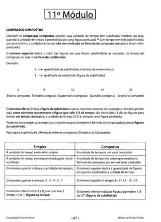 111 0 Módulo I 

COMPASSOS COMPOSTOS
Chamam-se compassos compostos aqueles cuja unidade de tempo tem subdivisão ternária, ou seja,
quando a unidade de tempo é preenchida por uma figura pontuada (2) (um tempo tem três subdivisões);
por esse motivo, a unidade de tempo não vem indicada na fórmula de compasso composto (é um valor
pontuado).
O número superior indica o total das figuras em que foram subdivididas as unidades de tempo do
compasso, ou seja, o número de subdivisões:
(
Exemplo:
6 ---. quantidade de subdivisões (número de movimentos)
8 ---. qualidade da subdivisão (figura da subdivisão)
6 9 12 15 21
Binário composto Ternário composto Quaternário composto Quinário composto Setenário composto·
O número inferior indica afigura da subdivisão e são os mesmos números dos compassos simples, porém
aqui esses números representam a figura que vale 1/3 de tempo; são necessárias 3 dessas fig!Jras para
formar um tempo composto; a unidade de tempo (U.T.) é, sempre, uma figura pontuada.
Portanto, nos compassos compostos, os números que compõem afórmula de compasso indicam as figuras
da subdivisão.
Veja agora as principais diferenças entre os compassos Simples e os Compostos:
Simples Compostos
A unidade de tempo é um valor simples A unidade de tempo é um valor composto
A unidade de tempo vem representada pelo núme- A unidade de tempo não vem representada na
ro inferior fórmula de compasso por ser um valor pontuado
O número superior indica a quantidade de tempos. O número superior indica a quantidade de figuras
em que foi subdividida a unidade de tempo.
O número superior é sempre 2 - 3 - 4 - 5 - 7 O número superior é sempre 6 - 9 - 12- 15 - 21.
O número inferior indica a figura que vale 1 O número inferior indica as figuras que valem 1/3
tempo =1 U. T. (figura da divisão) da U.T. (figuras da subdivisão)
Congregação Cristã no Brasil Método de Teoria e Solfejo·67·
 