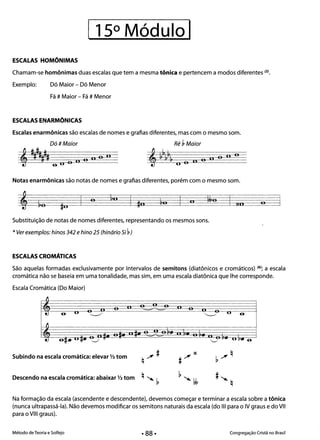 1150 Módulo I 

ESCALAS HOMÔNIMAS
Chamam-se homônimas duas escalas que tem a mesma tônica e pertencem a modos diferentes (2).
Exemplo: 	 Dó Maior - Dó Menor
Fá # Maior - Fá # Menor
ESCALAS ENARMÔNICAS
Escalas enarmônicas são escalas de nomes e grafias diferentes, mas com o mesmo som.
Dó # Maior Ré ~ Maior
, ~~ o " o .. 	 , ~bk~~ o " o n o
- - OU 	 _ ~OU
-& 0 , 	 '"
Notas enarmônicas são notas de nomes e grafias diferentes, porém com o mesmo som.
o U Oxn
Substituição de notas de nomes diferentes, representando os mesmos sons.
* Ver exemplos: hinos 342 e hino 25 (hinário Si ~)
ESCALAS CROMÁTICAS
São aquelas formadas exclusivamente por intervalos de semitons (diatônicos e cromáticos) (6); a escala
cromática não se baseia em uma tonalidade, mas sim, em uma escala diatônica que lhe corresponde.
Escala Cromática (Do Maior)
fi
Subindo na escala cromática: elevar Y2 tom
Descendo na escala cromática: abaixar Y2 tom
Na formação da escala (ascendente e descendente), devemos começar e terminar a escala sobre a tônica
(nunca ultrapassá-Ia). Não devemos modificar os semitons naturais da escala (do 111 para o IV graus e do VII
para o VIII graus).
Método de Teoria e Solfejo 	 Congregação Cristã no Brasil
• 88·
 