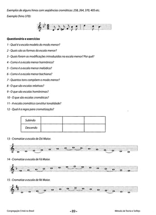 Exemplos de alguns hinos com seqüências cromáticas: 258,264,370,405 etc.
Exemplo (hino 370):
Questionário e exercícios
1- Qual é a escala modelo do modo menor?
2 - Quais são as formas da escala menor?
3 - Quais foram as modificações introduzidas na escala menor? Por quê?
4 - Como é a escala menor harmônica?
5 - Como é a escala menor melódica?
6 - Como é a escala menor bachiana?
7- Quantos tons compõem o modo menor?
8 - Oque são escalas relativas?
9 - O que são escalas homônimas?
10- Oque são escalas cromáticas?
11 -Aescala cromática constitui tonalidade?
12 - Qual é a regra para cromatização?
Subindo
Descendo
13 - Cromatize a escala de Dó Maior.
*e o o n
~
o I. o ~! o
-==-­ ==­
., o n o
~
o e
14 - Cromatize a escala de Fá Maior.
*
~ n o I!; o
../
II o ([ o
~'- J' o n o
"-­ 3' o n
15 - Cromatize a escala de Ré Maior.
## (!;o on ./'-... ;f' II
o o (~ ~I o o
*
o
Congregação Cristã no Brasil Método de Teoria e Solfejo
• 89·
 