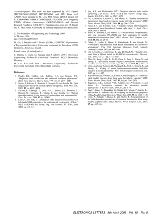 Acknowledgments: This work has been supported by MEC (Spain)
(TEC2007-68013-C02-02 METAINNOVA and FPU Grant (ref.
AP2005-4523) awarded to M. Gil), MCI (Spain) (EMET project ref.
CDS2008-00066 within CONSOLIDER INGENIO 2010 Program),
CIDEM (Catalan Government) (SGR-2005-00624) and German
Research Foundation (GRK 1037). Thanks are also given to J. R. Binder
and X. Zhou from FZ Karlsruhe for substrate preparation and production.
# The Institution of Engineering and Technology 2009
24 October 2008
doi: 10.1049/el.2009.3055
M. Gil, J. Bonache and F. Martı´n (GEMMA/CIMITEC, Departament
d’Enginyeria Electro`nica, Universitat Auto`noma de Barcelona, 08193
Bellaterra, Barcelona, Spain)
E-mail: marta.gil.barba@uab.es
C. Damm, A. Giere, M. Sazegar and R. Jakoby (MWT, Microwave
Engineering, Technische Universita¨t Darmstadt, 64283 Darmstadt,
Germany)
M. Gil: Also with MWT, Microwave Engineering, Technische
Universita¨t Darmstadt, 64283 Darmstadt, Germany
References
1 Pendry, J.B., Holden, A.J., Robbins, D.J., and Stewart, W.J.:
‘Magnetism from conductors and enhanced nonlinear phenomena’,
IEEE Trans. Microw. Theory Tech., 1999, 47, pp. 2075–2081
2 Martı´n, F., Falcone, F., Bonache, J., Marque´s, R., and Sorolla, M.: ‘Split
ring resonator based left handed coplanar waveguide’, Appl. Phys. Lett.,
2003, 83, pp. 4652–4654
3 Falcone, F., Lopetegi, T., Laso, M.A.G., Baena, J.D., Bonache, J.,
Beruete, M., Marque´s, R., Martı´n, F., and Sorolla, M.: ‘Babinet
principle applied to the design of metasurfaces and metamaterials’,
Phys. Rev. Lett., 2004, 93, p. 197401
4 Caloz, C., and Itoh, T.: ‘Application of the transmission line theory of
left-handed (LH) materials to the realization of a microstrip LH line,’.
IEEE AP-S/URSI Int. Symp. Dig., San Antonio, TX, USA, June
2002, pp. 412–415
5 Iyer, A.K., and Eleftheriades, G.V.: ‘Negative refractive index media
supporting 2-D waves,’. IEEE MTT-S Int. Microw. Symp. Dig.,
Seattle, WA, USA, 2002, pp. 1067–1070
6 Gil, I., Bonache, J., Garcı´a, J., and Martı´n, F.: ‘Tunable metamaterial
transmission lines based on varactor loaded split ring resonators’, IEEE
Trans. Microw. Theory Tech., 2006, 54, pp. 2665–2674
7 Hand, T.H., and Cummer, S.A.: ‘Frequency tunable electromagnetic
metamaterial using ferroelectric loaded split rings’, J. Appl. Phys.,
2008, 103, p. 066105
8 Velez, A., Bonache, J., and Martı´n, F.: ‘Varactor-loaded complementary
split ring resonators (VLCSRR) and their application to tunable
metamaterial transmission lines’, IEEE Microw. Wirel. Compon. Lett.,
2008, 18, (1), pp. 28–30
9 Ozbay, E., Aydin, K., Butun, S., Kolodziejak, K., and Pawlak, D.:
‘Ferroelectric based tuneable SRR based metamaterial for microwave
applications,’. Proc. 37th European Microwave Conf., Munich,
Germany, October 2007, pp. 497–499
10 Gil, I., Martı´n, F., Rottenberg, X., and De Raedt, W.: ‘Tunable stop-
band ﬁlter at Q-band based on RF-MEMS metamaterials’, Electron.
Lett., 2007, 43, (21), pp. 1153–1154
11 Zhao, Q., Kang, L., Du, B., Li, B., Zhou, J., Tang, H., Liang, X., and
Zhang, B.: ‘Electrically tunable negative permeability metamaterials
based on nematic liquid crystals’, Appl. Phys. Lett., 2007, 90, p. 011112
12 Giere, A., Zheng, Y., Gieser, H., Marquardt, K., Wolf, H., Scheele, P., and
Jakoby, R.: ‘Coating of planar barium-strontium-titanate thick-ﬁlm
varactors to increase tunability’. Proc. 37th European Microwave Conf.,
2007, pp. 114–117
13 Kuylenstierna,D.,Vorobiev,A.,Linner,P.,and Gevorgian, S.:‘Ultrawide-
band tunable true-time delay lines using ferroelectric varactors’, IEEE
Trans. Microw. Theory Tech., 2007, 53, (6), pp. 2164–2170
14 Tagantsev, A.K., Sherman, V.O., Astaﬁev, K.F., Venkatesh, J., and
Setter, N.: ‘Ferroelectric materials for microwave tunable
applications’, J. Electroceram., 2003, 11, pp. 5–66
15 Paul, F., Giere, A., Menesklou, W., Binder, J.R., Scheele, P., Jakoby, R.,
and Haußelt, J.: ‘Inﬂuence of Fe-F-co-doping on the dielectric properties
of Ba0.6Sr0.4TiO3 thick-ﬁlms’,Int. J.Mater. Res., 2008,99, pp.1119–1128
16 Giere, A., Scheele, P., Zheng, Y., and Jakoby, R.: ‘Characterization of
the ﬁeld-dependent permittivity of nonlinear ferroelectric ﬁlms using
tunable coplanar lines’, IEEE Microw. Wirel. Compon. Lett., 2007,
17, pp. 442–444
ELECTRONICS LETTERS 9th April 2009 Vol. 45 No. 8
 