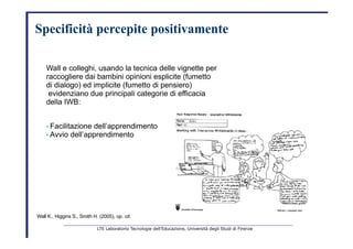 Specificità percepite   positivamente   Wall e colleghi, usando la tecnica delle vignette per   raccogliere dai bambini opinioni esplicite (fumetto   di dialogo) ed implicite (fumetto di pensiero)   evidenziano due principali categorie di efficacia   della IWB:   •   Facilitazione dell’apprendimento   •   Avvio dell’apprendimento   Wall K., Higgins S., Smith H. (2005),  op. cit.   LTE Laboratorio Tecnologie dell’Educazione, Università degli Studi di Firenze   