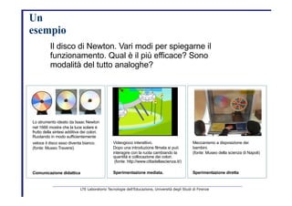 Un           esempio   Il disco di Newton. Vari modi per spiegarne il   funzionamento. Qual è il più efficace? Sono   modalità del tutto analoghe?   Lo strumento ideato da Isaac Newton   nel 1666 mostra che la luce solare è   frutto della sintesi additiva dei colori.   Ruotando in modo sufficientemente   veloce il disco esso diventa bianco.   Videogioco interattivo.   Meccanismo a disposizione dei   (fonte: Museo Traversi)   Dopo una introduzione filmata si può   bambini.   interagire con la ruota cambiando la   (fonte: Museo della scienza di Napoli)   quantità e collocazione dei colori.   (fonte: http://www.cittadellascienza.it/)   Comunicazione didattica   Sperimentazione mediata.   Sperimentazione diretta   LTE Laboratorio Tecnologie dell’Educazione, Università degli Studi di Firenze   