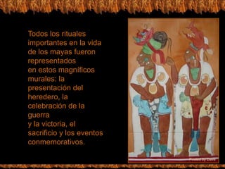 Todos los rituales importantes en la vida de los mayas fueron representadosen estos magníficos murales: la presentación del heredero, la celebración de la guerray la victoria, el sacrificio y los eventos conmemorativos.Posted by Dave 