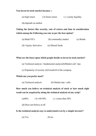 You invest in stock market because :-
(a) high return ( b) faster return ( c ) easily liquidity
(d) depends on market
Taking the factors like security, rate of return and time in consideration
which among the Following you rate as per the best option?
(a) Bank FD’s (b) commodity market (c) Bonds
(d) Equity/ derivative (e) Mutual funds
What are the bases upon which people decide to invest in stock market?
(a) Technical analysis / fundamental analysis(b)Market call / tips
(c) Popularity of security (d) Goodwill of the company
Which one you prefer most?
(a) Technical analysis (b) Market tips / calls
How much you believe on technical analysis of stock or how much right
result can be acquired by doing the technical analysis of any scrip?
(a)40% ( b ) 40-50% ( c ) more than 50%
(d) Does not believe at all
Is the technical analysis easy to understand even by a simple investor?
(a) Yes (b) no
 