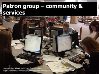 Hudson High School for Library Snapshot Day
https://www.flickr.com/photos/ohiolibssnapshotday/11074358043/
Patron group – ...