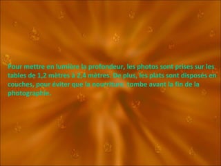 Pour mettre en lumière la profondeur, les photos sont prises sur les tables de 1,2 mètres à 2,4 mètres. De plus, les plats sont disposés en couches, pour éviter que la nourriture  tombe avant la fin de la photographie. 