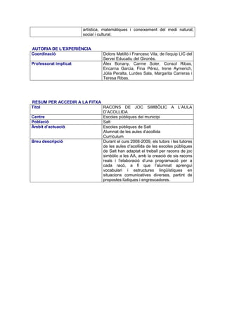 artística, matemàtiques i coneixement del medi natural,
                         social i cultural.


AUTORIA DE L’EXPERIÈNCIA
Coordinació                        Dolors Matilló i Francesc Vila, de l’equip LIC del
                                   Servei Educatiu del Gironès.
Professorat implicat               Àlex Bonany, Carme Soler, Consol Ribas,
                                   Encarna Garcia, Fina Pérez, Irene Aymerich,
                                   Júlia Peralta, Lurdes Sala, Margarita Carreras i
                                   Teresa Ribas.




RESUM PER ACCEDIR A LA FITXA
Títol                        RACONS DE JOC SIMBÒLIC A L’AULA
                             D’ACOLLIDA
Centre                       Escoles públiques del municipi
Població                     Salt
Àmbit d’actuació             Escoles públiques de Salt
                             Alumnat de les aules d’acollida
                             Currículum
Breu descripció              Durant el curs 2008-2009, els tutors i les tutores
                             de les aules d’acollida de les escoles públiques
                             de Salt han adaptat el treball per racons de joc
                             simbòlic a les AA, amb la creació de sis racons
                             reals i l’elaboració d’una programació per a
                             cada racó, a fi que l’alumnat aprengui
                             vocabulari i estructures lingüístiques en
                             situacions comunicatives diverses, partint de
                             propostes lúdiques i engrescadores.
 
