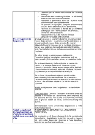-  Desenvolupar la funció comunicativa de l’alumnat
                                  nouvingut.
                               - Treballar les estructures lingüístiques i el vocabulari
                                  en situacions comunicatives diverses.
                               - Possibilitar la participació activa de l’alumnat en la
                                  construcció dels seus coneixements.
                               - Fer possible un espai per a compartir experiències i
                                  costums de les diferents cultures de l’alumnat.
                               - Potenciar la coeducació a través del joc simbòlic
                                  (saber jugar nens i nenes junts en rols diversos).
                               - Millorar les relacions socials.
                               - Respectar i tenir cura del material del racó.
                               - Compartir l’avaluació amb l’alumnat.
Desenvolupament de         D’octubre a gener es va anar redactant la programació dels
l’experiència              racons de joc simbòlic i es van dissenyar les activitats de la
                           programació dels racons de joc simbòlic. Es va anar
                           adquirint el material necessari per al muntatge dels racons i
                           es van anar elaborant els murals de recordatori lingüístic,
                           amb l’ajut de l’alumnat, que així va poder participar en tot el
                           muntatge.

                           De febrer a maig es va començar a cada escola
                           l’experimentació de les activitats proposades, amb les
                           estructures lingüístiques i el vocabulari ja treballats a l’aula.

                           En el desenvolupament de les activitats, el mestre o la
                           mestra hi té un paper fonamental: presenta, modela,
                           dinamitza i supervisa. Sense aquest guiatge inicial lingüístic
                           i de modelatge de l’actuació, seria molt difícil que l’alumnat
                           pogués avançar en l’aprenentatge de la llengua.

                           Es va filmar l’alumnat mentre jugava tot utilitzant les
                           estructures lingüístiques treballades. Es va explicar a
                           l’alumnat quin tipus de revisió i d’avaluació es faria de cada
                           activitat, i les filmacions van servir per fer una avaluació
                           conjunta.

                           Al juny es va posar en comú l’experiència i es va valorar i
                           avaluar.

                           Curs 2009-2010. Comença l’intercanvi de material entre les
                           escoles. Consolidació de l’experiència, amb ampliació de
                           les activitats de cada racó i amb una avaluació periòdica
                           dins el grup de treball. Es preveu continuació al llarg dels
                           cursos.

                           El material dels racons també està a disposició de la resta
                           d’alumnat del centre.
Treball competencial       1 COMPETÈNCIA COMUNICATIVA LINGÜÍSTICA I
(metodologia/tipologia     AUDIOVISUAL
d’activitats/organització
social) veure annex guia La implicació en el desenvolupament de la competència
d’ús                      comunicativa i lingüística és evident en els nostres racons,
                          tal i com estan dissenyats i integrats a l’aula d’acollida,
                          sobretot pel que fa a l’expressió oral.
 