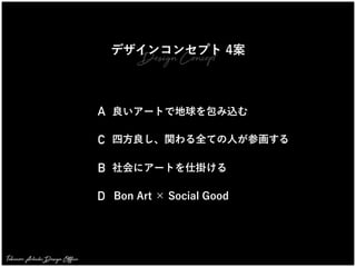 Takunori Adachi Design Office
Design Concept
デザインコンセプト 4案
良いアートで地球を包み込む
A
社会にアートを仕掛ける
B
四方良し、関わる全ての人が参画する
C
Bon Art × Soci...
