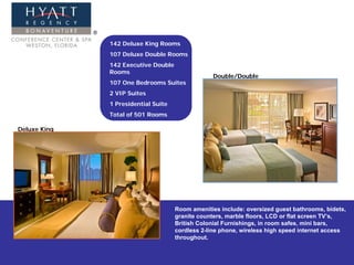 142 Deluxe King Rooms
              107 Deluxe Double Rooms
              142 Executive Double
              Rooms
                                                 Double/Double
              107 One Bedrooms Suites
              2 VIP Suites
              1 Presidential Suite
              Total of 501 Rooms

Deluxe King




                                     Room amenities include: oversized guest bathrooms, bidets,
                                     granite counters, marble floors, LCD or flat screen TV’s,
                                     British Colonial Furnishings, in room safes, mini bars,
                                     cordless 2-line phone, wireless high speed internet access
                                     throughout.
 