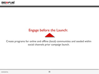 CONFIDENTIAL  Engage before the Launch:  Create programs for online and offline (local) communities and seeded within soci...