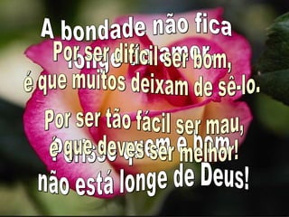A bondade não fica longe do amor. Porisso quem é bom não está longe de Deus! Por ser difícil ser bom, é que muitos deixam de sê-lo. Por ser tão fácil ser mau, é que deves ser melhor! 