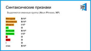 Синтаксические признаки
Выделяются именные группы (Noun Phrases, NP)
Минздрав
Московской
области:
ул.
Большая
Полянка,
д.
42/2,
I
этаж
B-NP
B-NP
I-NP
O
B-NP
I-NP
O
O
O
B-NP
 