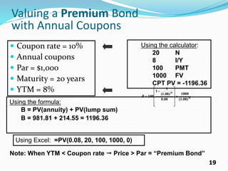 19
Valuing a Premium Bond
with Annual Coupons
 Coupon rate = 10%
 Annual coupons
 Par = $1,000
 Maturity = 20 years
 YTM = 8%
20
20
)
08
.
1
(
1000
08
.
0
)
08
.
1
(
1
1
100 














B
Using the formula:
B = PV(annuity) + PV(lump sum)
B = 981.81 + 214.55 = 1196.36
Note: When YTM < Coupon rate  Price > Par = “Premium Bond”
Using the calculator:
20 N
8 I/Y
100 PMT
1000 FV
CPT PV = -1196.36
Using Excel: =PV(0.08, 20, 100, 1000, 0)
 