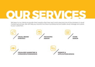 VISUAL BRAND
STRATEGY
VISUALIZED MARKETING &
COMMUNICATIONSDESIGN
We listen to our clients to provide them exactly what they want and to become one of the pioneers in visual
marketing business. We will help your brand to archieve a professional and stable visual message and values
to your customers.
PACKAGING
DESIGN
STORE
DESIGN
WEBSITE &
APPLICATIONSDESIGN
OURSERVICES
 