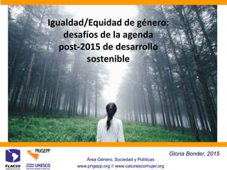 Gloria Bonder, 2015
Área Género, Sociedad y Políticas
www.prigepp.org // www.catunescomujer.org
Igualdad/Equidad de género:
desafíos de la agenda
post-2015 de desarrollo
sostenible
 