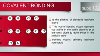 COVALENT BONDING SLIDE 10
 is the sharing of electrons between
atoms
 This type of bonding occurs between
two atoms of the same element or of
elements close to each other in the
periodic table
 bonding occurs primarily between
nonmetals
 