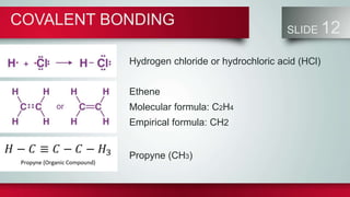 COVALENT BONDING
SLIDE 12
Hydrogen chloride or hydrochloric acid (HCl)
Ethene
Molecular formula: C2H4
Empirical formula: CH2
Propyne (CH3)
 