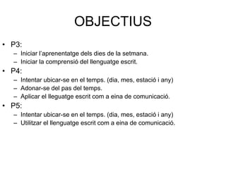 OBJECTIUS
• P3:
  – Iniciar l’aprenentatge dels dies de la setmana.
  – Iniciar la comprensió del llenguatge escrit.
• P4:
  – Intentar ubicar-se en el temps. (dia, mes, estació i any)
  – Adonar-se del pas del temps.
  – Aplicar el lleguatge escrit com a eina de comunicació.
• P5:
  – Intentar ubicar-se en el temps. (dia, mes, estació i any)
  – Utilitzar el llenguatge escrit com a eina de comunicació.
 