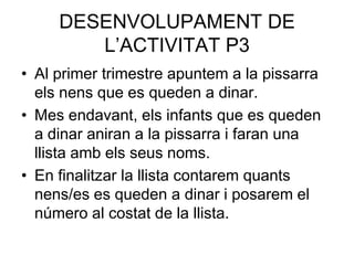 DESENVOLUPAMENT DE
        L’ACTIVITAT P3
• Al primer trimestre apuntem a la pissarra
  els nens que es queden a dinar.
• Mes endavant, els infants que es queden
  a dinar aniran a la pissarra i faran una
  llista amb els seus noms.
• En finalitzar la llista contarem quants
  nens/es es queden a dinar i posarem el
  número al costat de la llista.
 