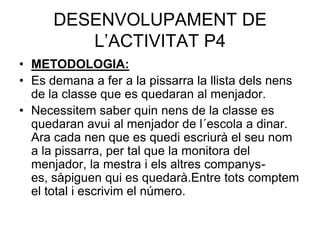 DESENVOLUPAMENT DE
         L’ACTIVITAT P4
• METODOLOGIA:
• Es demana a fer a la pissarra la llista dels nens
  de la classe que es quedaran al menjador.
• Necessitem saber quin nens de la classe es
  quedaran avui al menjador de l´escola a dinar.
  Ara cada nen que es quedi escriurà el seu nom
  a la pissarra, per tal que la monitora del
  menjador, la mestra i els altres companys-
  es, sàpiguen qui es quedarà.Entre tots comptem
  el total i escrivim el número.
 