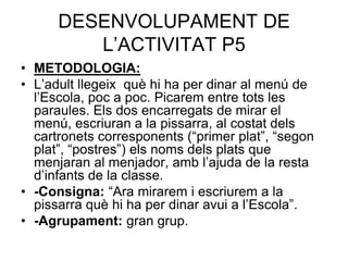 DESENVOLUPAMENT DE
         L’ACTIVITAT P5
• METODOLOGIA:
• L’adult llegeix què hi ha per dinar al menú de
  l’Escola, poc a poc. Picarem entre tots les
  paraules. Els dos encarregats de mirar el
  menú, escriuran a la pissarra, al costat dels
  cartronets corresponents (“primer plat”, “segon
  plat”, “postres”) els noms dels plats que
  menjaran al menjador, amb l’ajuda de la resta
  d’infants de la classe.
• -Consigna: “Ara mirarem i escriurem a la
  pissarra què hi ha per dinar avui a l’Escola”.
• -Agrupament: gran grup.
 