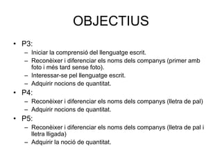 OBJECTIUS
• P3:
  – Iniciar la comprensió del llenguatge escrit.
  – Reconèixer i diferenciar els noms dels companys (primer amb
    foto i més tard sense foto).
  – Interessar-se pel llenguatge escrit.
  – Adquirir nocions de quantitat.
• P4:
  – Reconèixer i diferenciar els noms dels companys (lletra de pal)
  – Adquirir nocions de quantitat.
• P5:
  – Reconèixer i diferenciar els noms dels companys (lletra de pal i
    lletra lligada)
  – Adquirir la noció de quantitat.
 