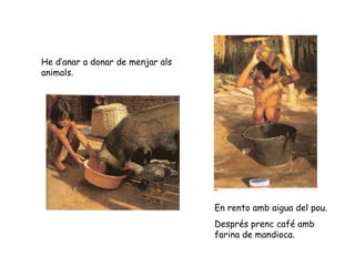 He d’anar a donar de menjar als animals. En rento amb aigua del pou.  Després prenc café amb farina de mandioca. 