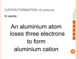 CATION FORMATION: ALUMINIUM




                               Prepared by JGL
                                     8/21/2009
In words:


    An aluminium atom
   loses three electrons
          to form
     aluminium cation         107
 