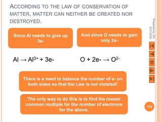 ACCORDING TO THE LAW OF CONSERVATION OF
MATTER, MATTER CAN NEITHER BE CREATED NOR




                                                             Prepared by JGL
DESTROYED.




                                                                   8/21/2009
 Since Al needs to give up      And since O needs to gain
            3e-                         only 2e-



 Al → Al3+ + 3e-               O + 2e- → O2-

     There is a need to balance the number of e- on
       both sides so that the Law is not violated!


       The only way to do this is to find the lowest
      common multiple for the number of electrons           115
                     for the above.
 