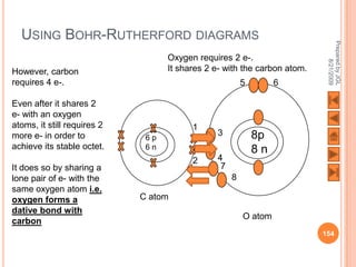 USING BOHR-RUTHERFORD DIAGRAMS




                                                                           Prepared by JGL
                                   Oxygen requires 2 e-.




                                                                                 8/21/2009
However, carbon                    It shares 2 e- with the carbon atom.
requires 4 e-.                                          5        6

Even after it shares 2
e- with an oxygen
atoms, it still requires 2               1
more e- in order to                            3            8p
                              6p
achieve its stable octet.     6n                            8n
                                         2     4
It does so by sharing a                         7
lone pair of e- with the                            8
same oxygen atom i.e.
oxygen forms a               C atom
dative bond with
                                                        O atom
carbon
                                                                          154
 
