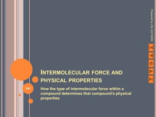 Prepared by JGL 8/21/2009
      INTERMOLECULAR FORCE AND
      PHYSICAL PROPERTIES
191   How the type of intermolecular force within a
      compound determines that compound’s physical
      properties
 